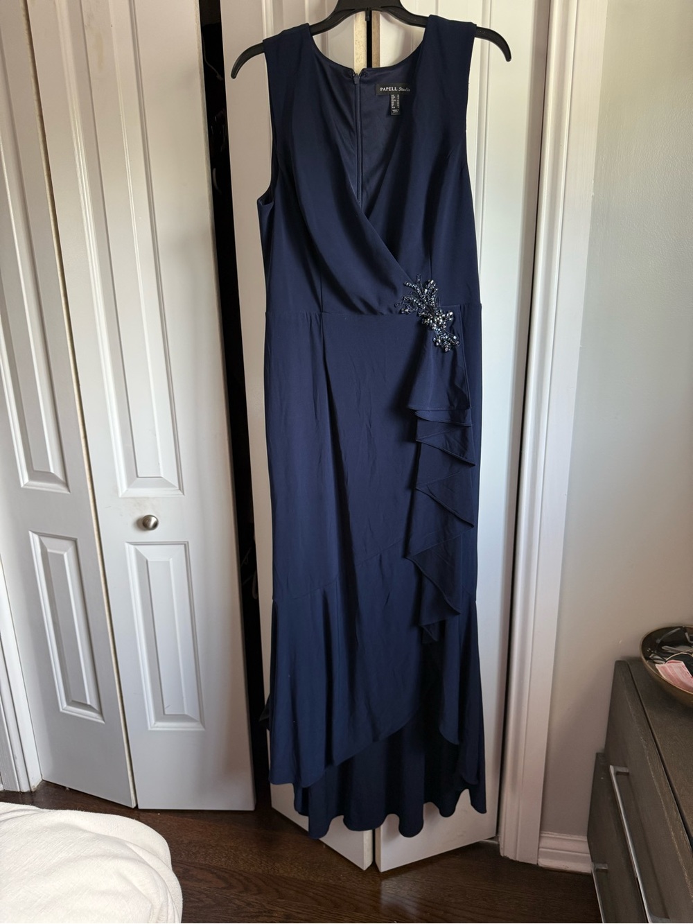 Adrianna Papell Navy Beaded Ruffle Maxi Dress Midnight -USED ONCE- Reg $179
